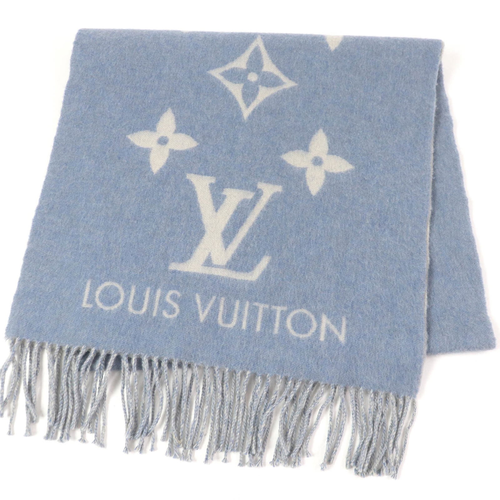 Louis Vuitton Stole Cashmere 100%: Louis Vuitton Stole Cashmere 100% Stole made from 100% cashmere in light blue, measuring 1.7m x 45cm, bearing traces of usage and minor scratches/dirt. The stole's condition is described as used