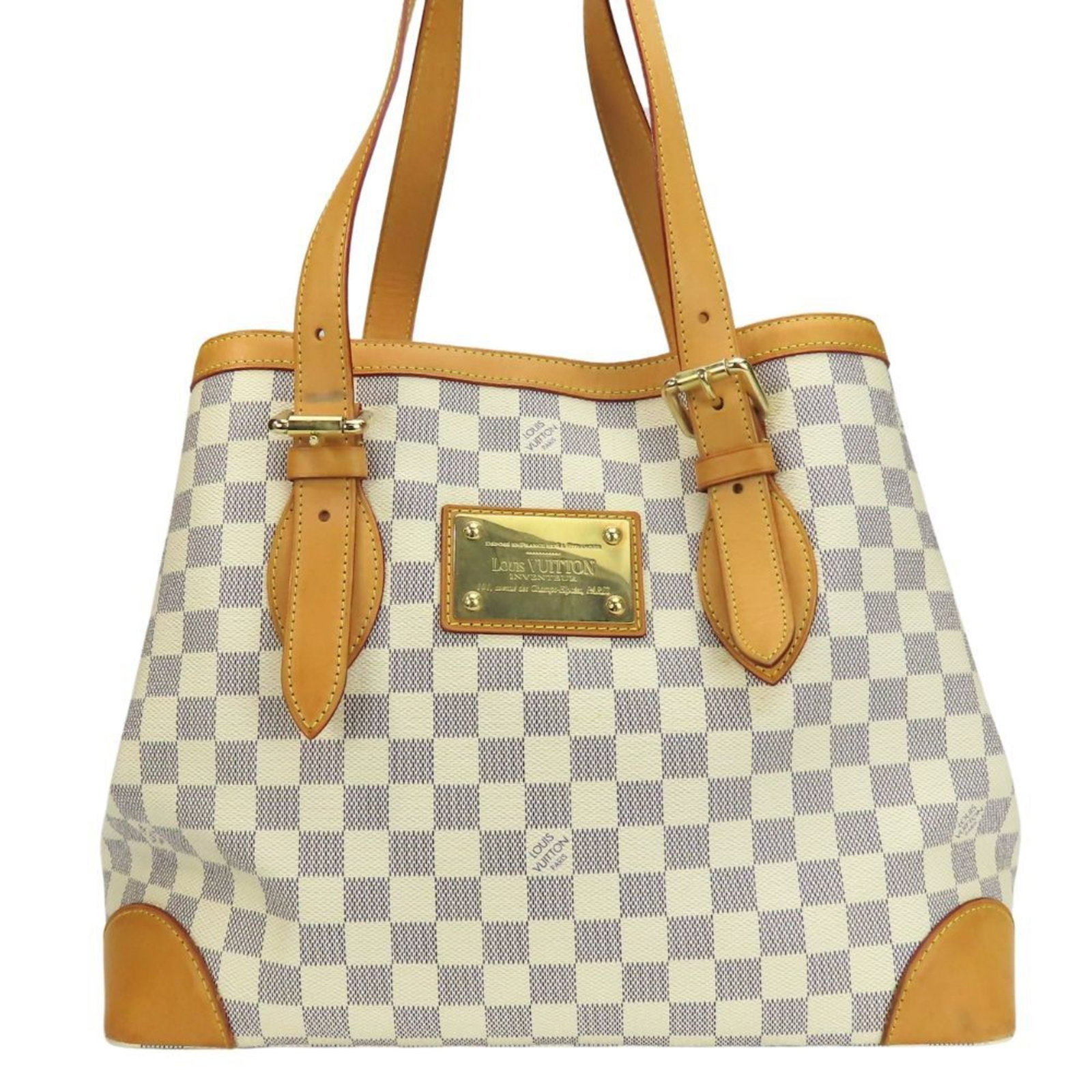 Louis Vuitton Tote Bag Damier Azur Leather: Louis Vuitton Tote Bag Damier Azur Leather Damier Azur leather tote bag from Louis Vuitton features a classic design with white color. The bag has been used and shows traces of usage, including