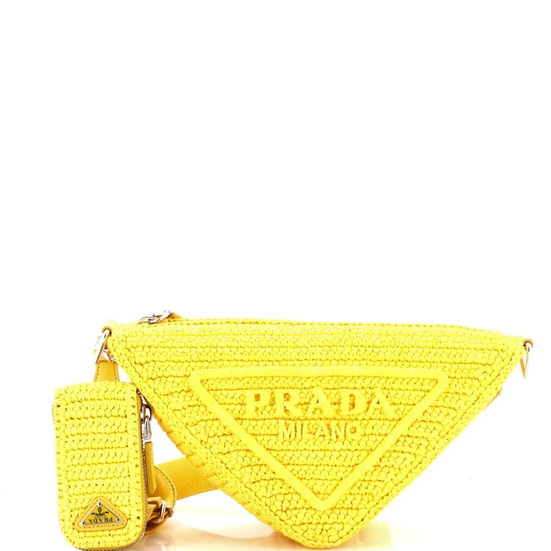 Raffia small triangle logo crossbody bag zip crochet prada: Raffia small triangle logo crossbody bag zip crochet prada Raffia small triangle logo crossbody bag with zip closure, featuring a unique crochet design and bright yellow exterior. This stylish accesso