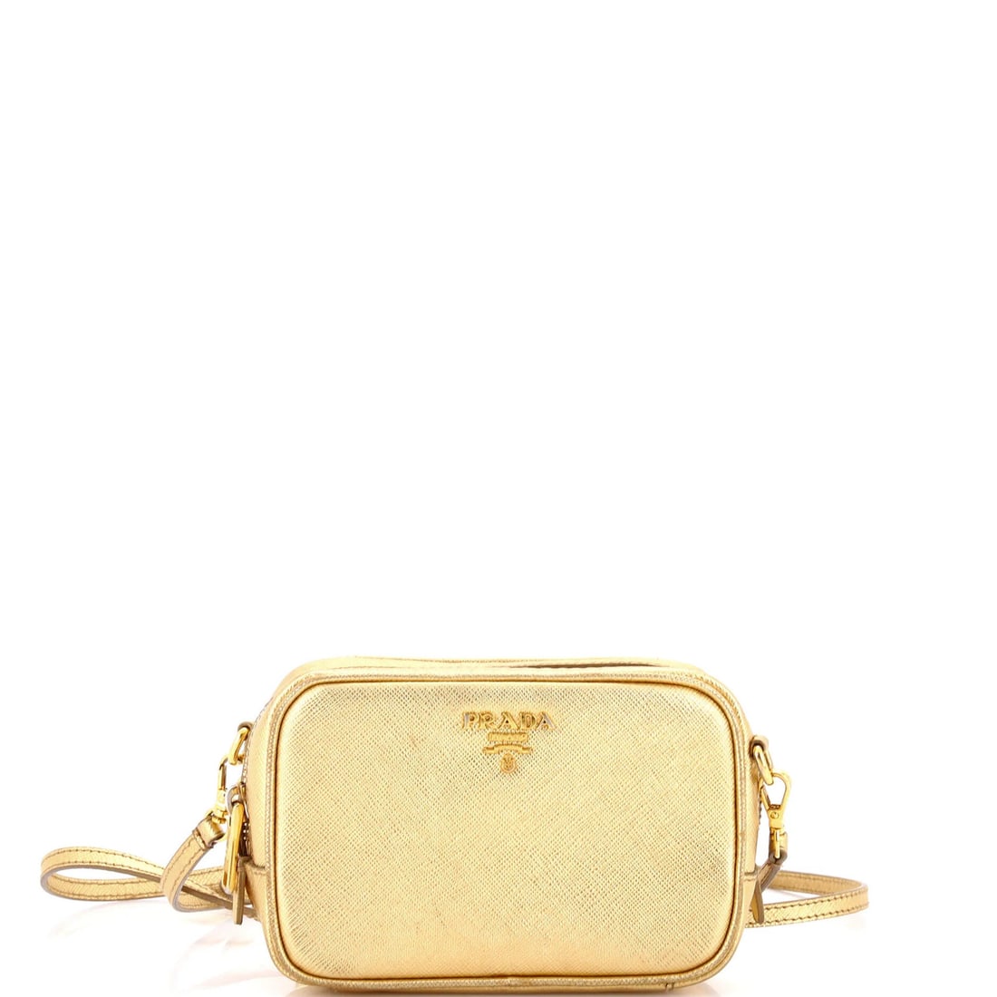 Strict Rules apply: Use only from original: Strict Rules apply: Use only from original Gold Saffiano Leather Mini Zip Crossbody Bag. This stylish mini crossbody bag features a gold exterior with minor edge wear and scuffs, and a neutral interio