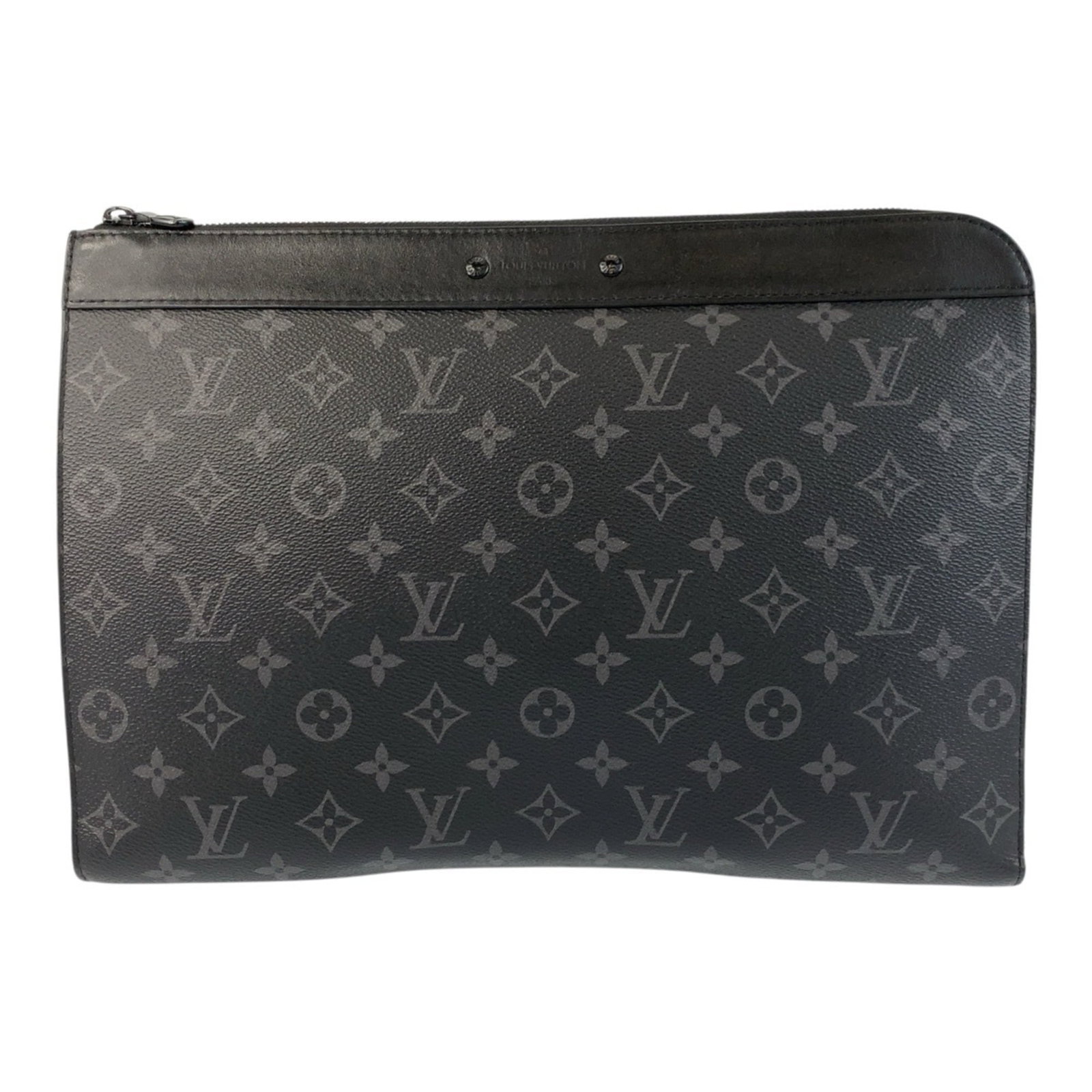 Louis Vuitton Clutch Bag Pochette Pvc Leather: Louis Vuitton Clutch Bag Pochette Pvc Leather The Louis Vuitton Clutch Bag features a striking combination of Pvc and leather materials in black and gray hues. This versatile pochette boasts a sleek