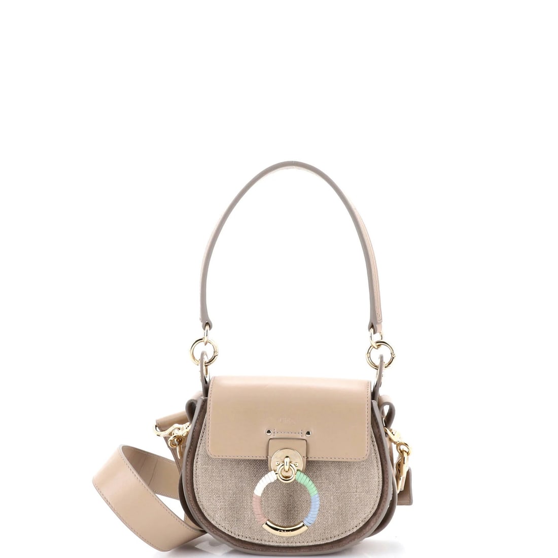 Small Leather and Linen Chloe Tess Bag: Small Leather and Linen Chloe Tess Bag The Chloe Tess Bag boasts a unique combination of luxurious leather and linen, creating a stylish and sophisticated design. Measuring 7" in height, 7.5" in width