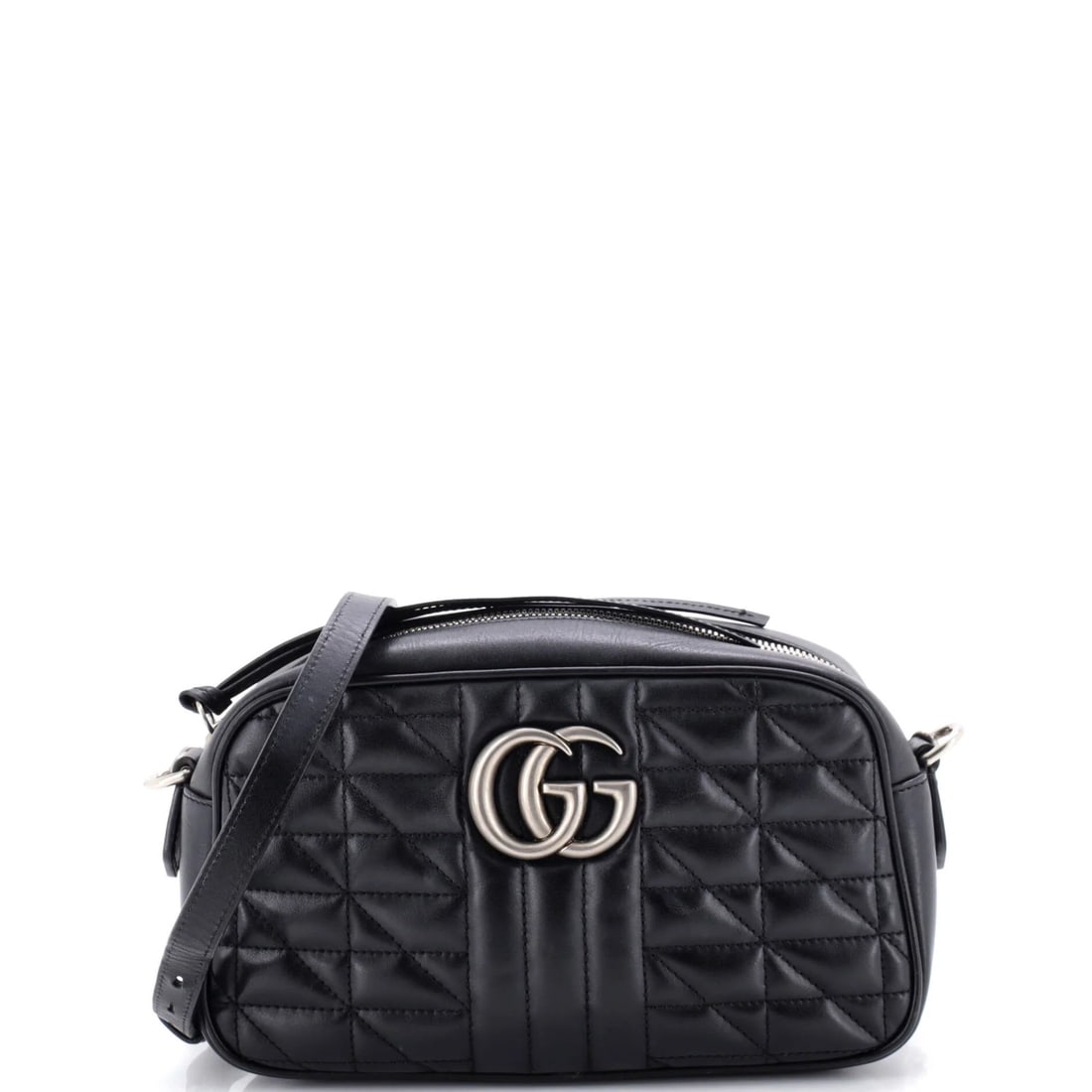 Small mixed leather matelasse bag from Gucci: Small mixed leather matelasse bag from Gucci Small Gucci GG Marmont Shoulder Bag with mixed matelasse leather exterior in black. This cross-body bag features a neutral interior and aged silver hardwar