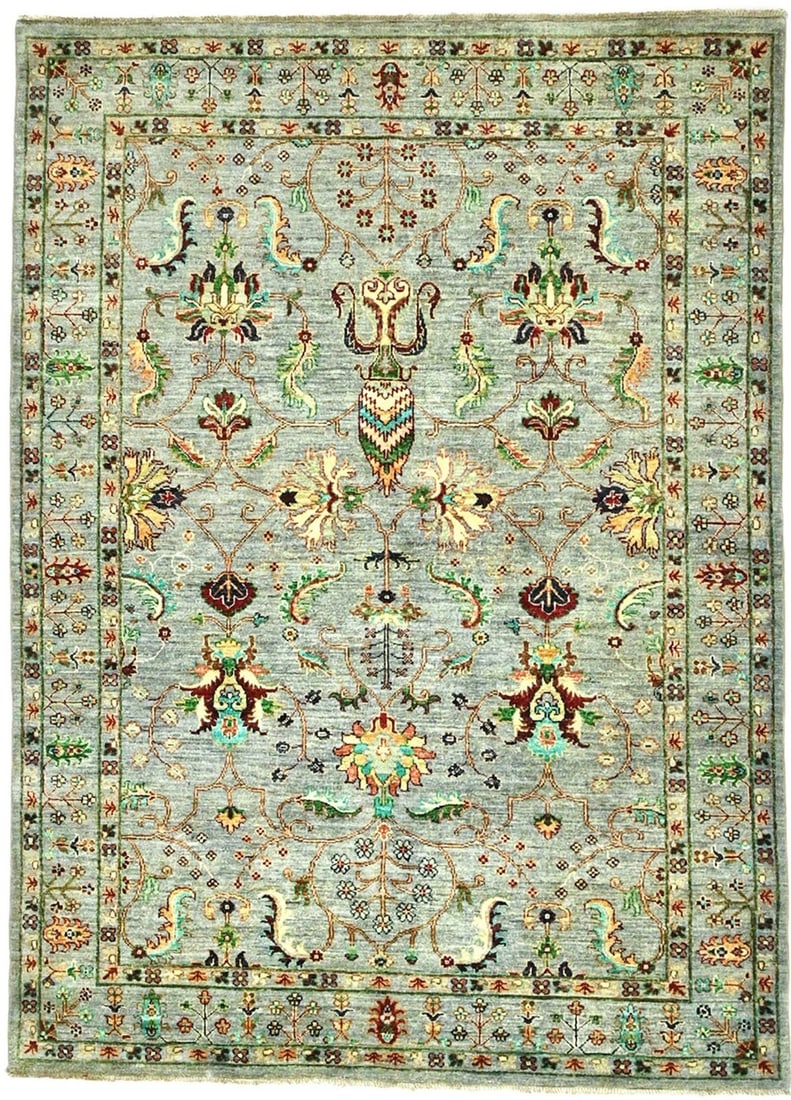 Handspun Wool Kazak Peshawar Oriental Rug Floral Design Studio Office: Handspun Wool Kazak Peshawar Oriental Rug Floral Design Studio Office Hand-knotted in wool, this unique studio office rug boasts an intricate floral design in a palette of light gray, green, maroon, r