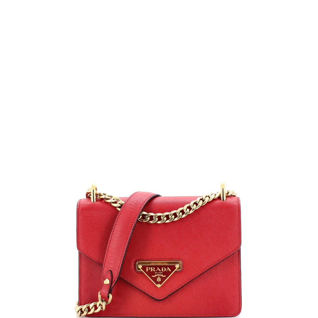 Saffiano leather small shoulder bag with envelope flap chain: Saffiano leather small shoulder bag with envelope flap chain Saffiano leather small shoulder bag with envelope flap chain, featuring a striking red exterior and gold hardware. The bag's exterior shows