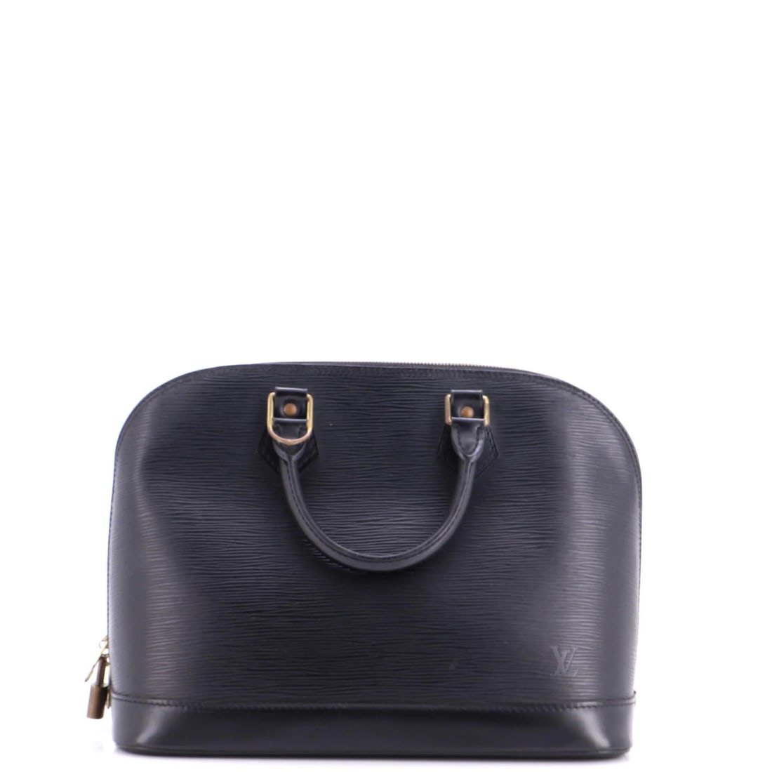 VINTAGE LOUIS VUITTON ALMA HANDBAG EPI LEATHER PM: VINTAGE LOUIS VUITTON ALMA HANDBAG EPI LEATHER PM The Louis Vuitton Alma Handbag in Epi Leather PM boasts a sleek black exterior with gold hardware, featuring scuffs, creases, and edge wear. This vint