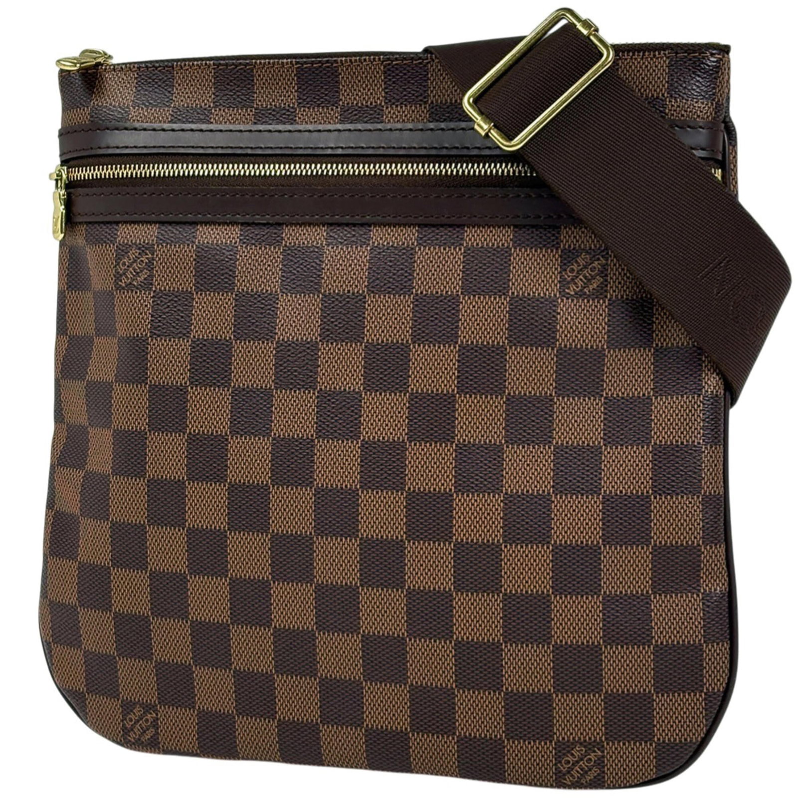 Louis Vuitton Pochette Shoulder Bag: Louis Vuitton Pochette Shoulder Bag The Louis Vuitton Pochette Shoulder Bag boasts its iconic Damier Canvas design in rich brown tones. With a compact size and sturdy construction, this shoulder bag