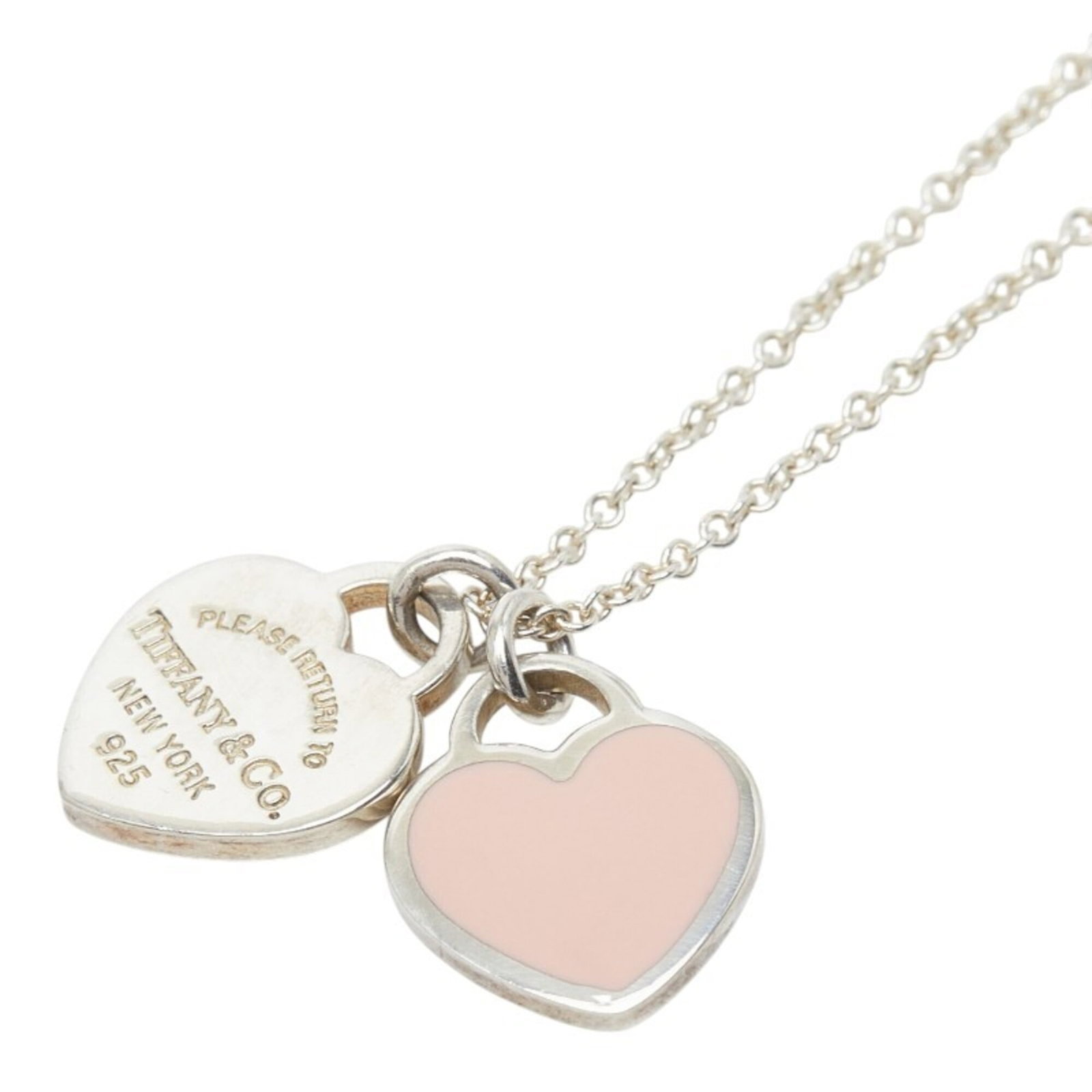 Tiffany & Co. Return To Double Heart Tag Chain Pendant Necklace Pink Sv925 Silver Women'S.: Tiffany & Co. Return To Double Heart Tag Chain Pendant Necklace Pink Sv925 Silver Women'S. Pink and silver blend in this Tiffany & Co. Return To Double Heart Tag Chain Pendant Necklace, featuring a de