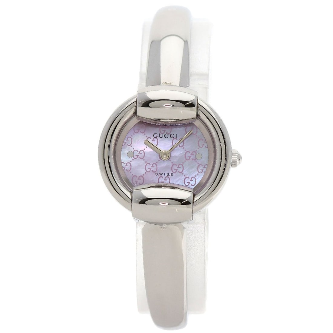 Stainless round face pink shell bangle watches: Stainless round face pink shell bangle watches Stainless steel bangles with round face pink shells add a touch of elegance to any outfit. This quartz watch features an analog display and silver exteri