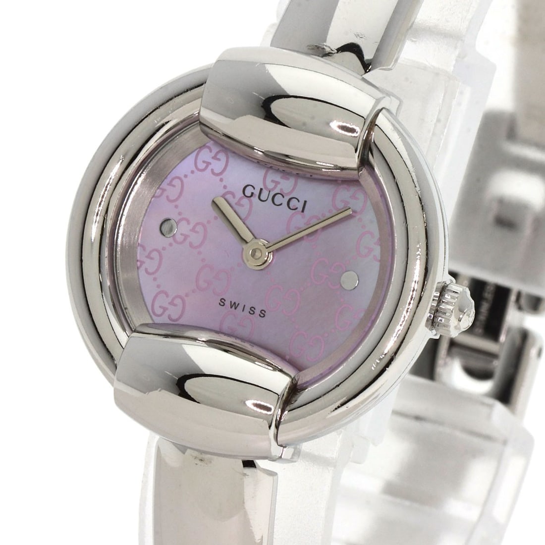 Stainless round face pink shell bangle watches - 3