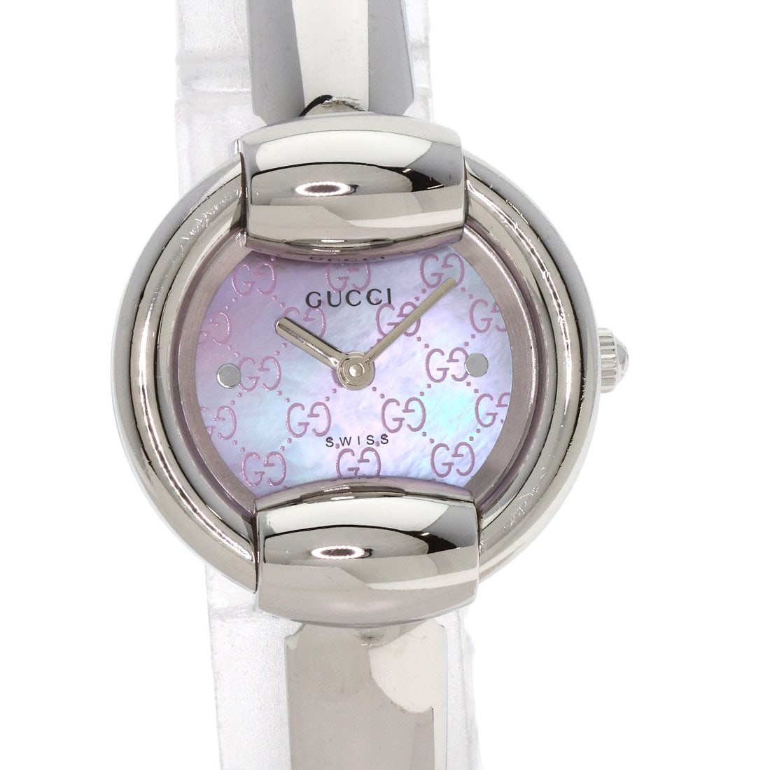 Stainless round face pink shell bangle watches - 4