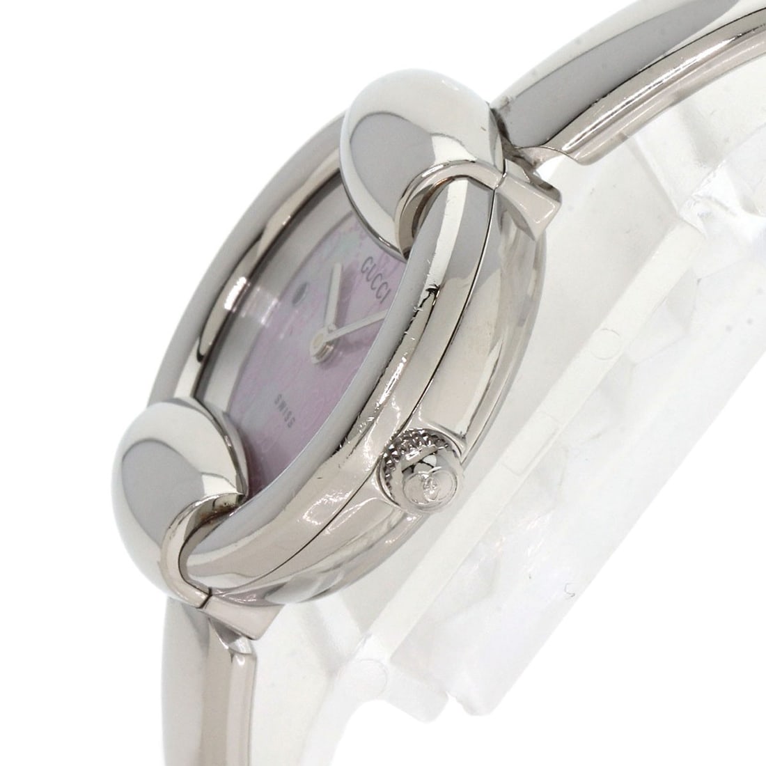 Stainless round face pink shell bangle watches - 5