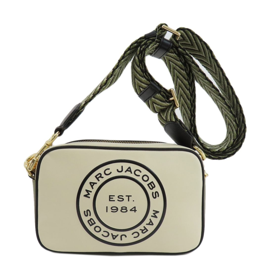 Marc Jacobs Logo Leather Shoulder Bag: Marc Jacobs Logo Leather Shoulder Bag White x khaki leather shoulder bag with MARC JACOBS logo. This iconic style features high-quality leather exterior and a classic design. A timeless accessory for 