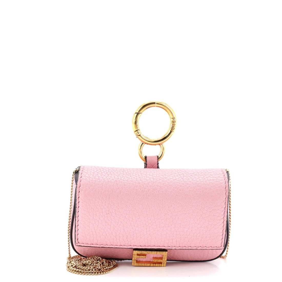 Chain Baguette Leather Charm Nano Fendi Bag: Chain Baguette Leather Charm Nano Fendi Bag Chain Baguette Leather Charm Nano Fendi Bag features a pink leather exterior with minor scuffs and creases. The interior boasts gray leather with cracking o