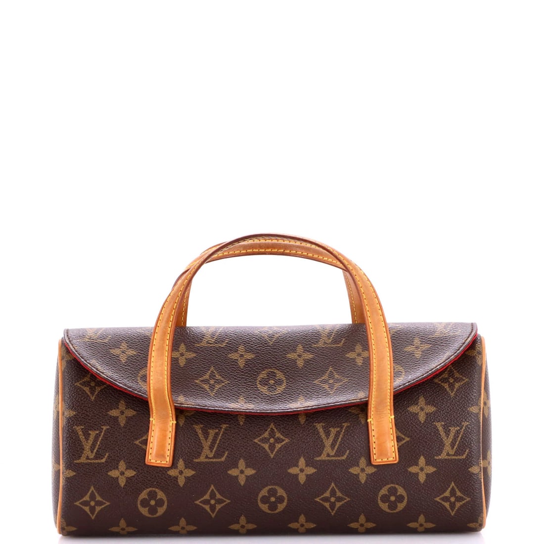 Handbag canvas monogram Louis Vuitton: Handbag canvas monogram Louis Vuitton Canvas monogram Louis Vuitton handbag with distinctive brown exterior and red microfiber interior. The Sonatine style features a classic design with heavy edge we