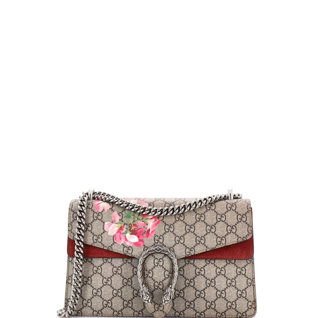 Small Blooms Print Canvas GG Coated Gucci Dionysus Bag: Small Blooms Print Canvas GG Coated Gucci Dionysus Bag The Gucci Dionysus Bag features a unique GG Coated Canvas print in brown, with scuffs and discoloration on both the exterior and interior. The ba