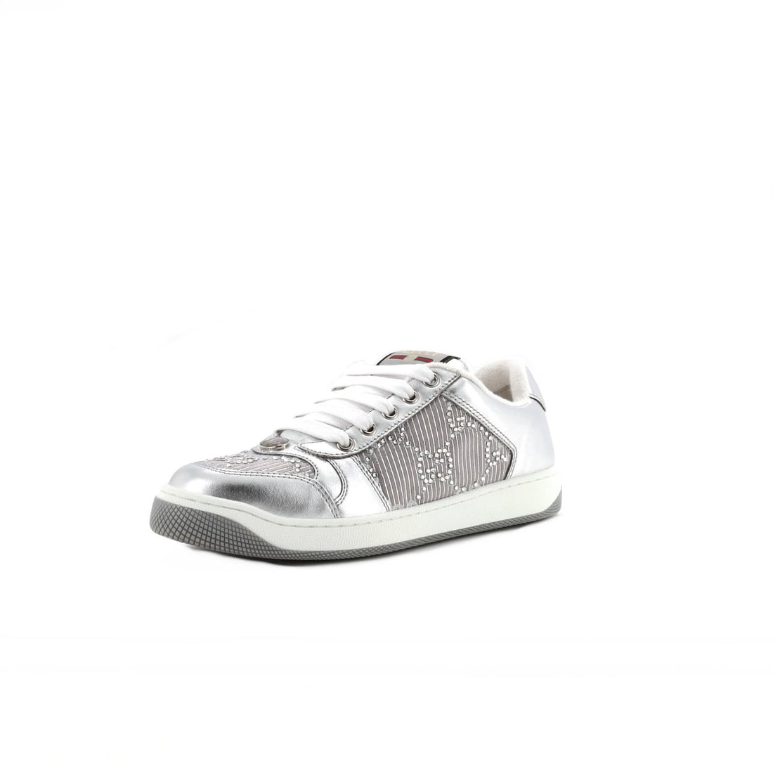 GG Canvas with Gucci Sneakers Screener and Crystals: GG Canvas with Gucci Sneakers Screener and Crystals Silver Gucci Sneakers Screener with GG Canvas and Crystals offer a sleek, eye-catching design. The crystal exterior adds a touch of luxury, while th