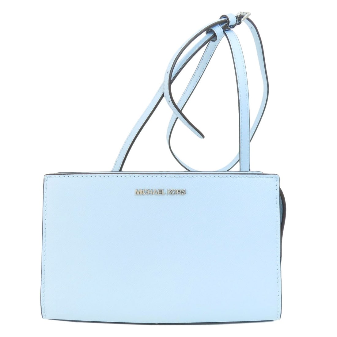 PVC long shoulder bag hardware logo by Michael Kors: PVC long shoulder bag hardware logo by Michael Kors The Michael Kors PVC long shoulder bag features a striking white and blue exterior design. This iconic style showcases a durable PVC material, makin
