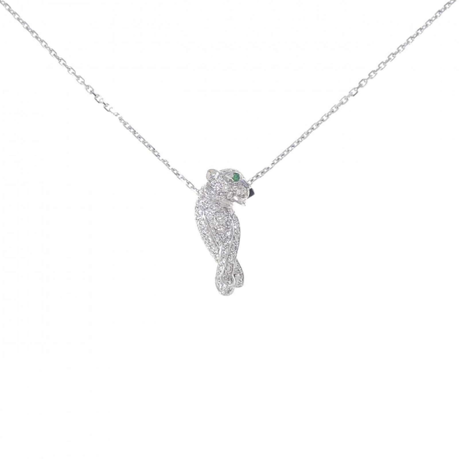 Cartier Panthre Necklace: Cartier Panthre Necklace The Cartier Panthre Necklace boasts an elegant design featuring a diamond and emerald pendant set in white gold (18K) resin. With a versatile length of 38-41 cm, this necklace