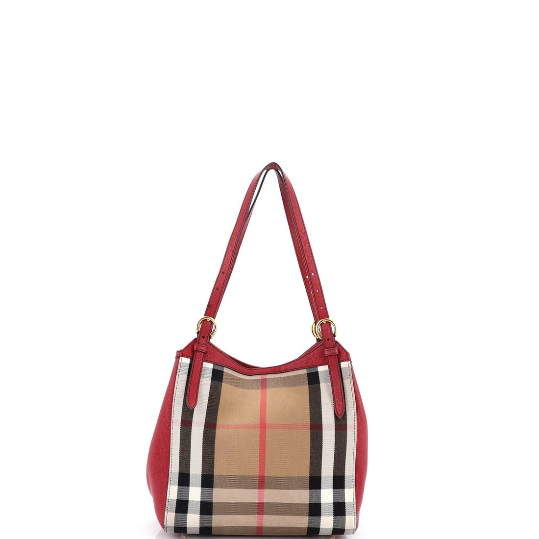 House Tote Canvas Small Check Burberry Canterbury: House Tote Canvas Small Check Burberry Canterbury Small House Tote in vibrant red canvas with gold hardware. This authentic Burberry Canterbury tote features scuffs and minor creases on its exterior, 