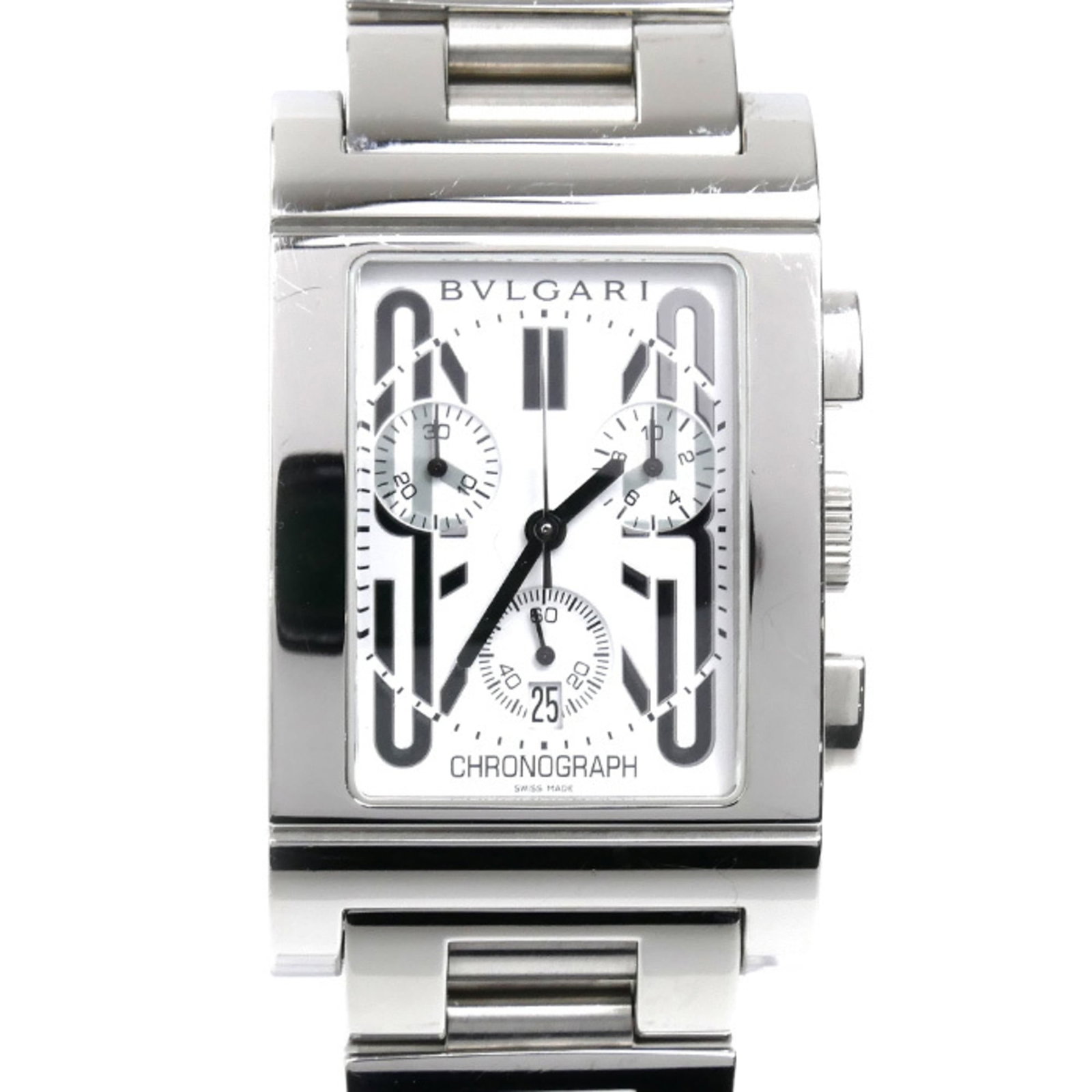 Bulgari Watch Wrist: Bulgari Watch Wrist Stainless steel case and band provide a sleek, modern look for this Bulgari watch wrist. The white dial stands out against the metal, adding a touch of elegance to this accessory. 