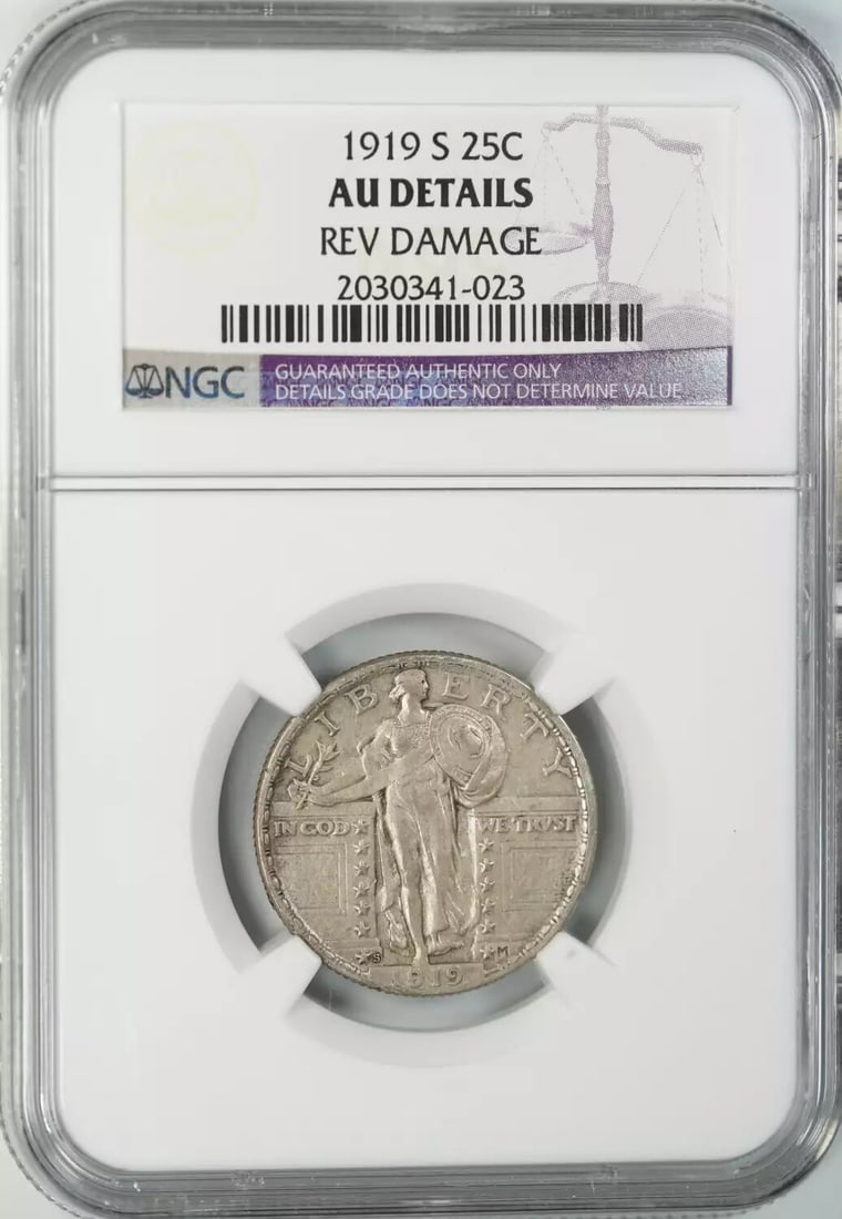 LIBERTY QUARTER 25C: LIBERTY QUARTER 25C Silver quarter from 1919 with NGC certification, bearing a distinctive mint mark from San Francisco. This circulated coin features an attractive AU grade and showcases the unique d