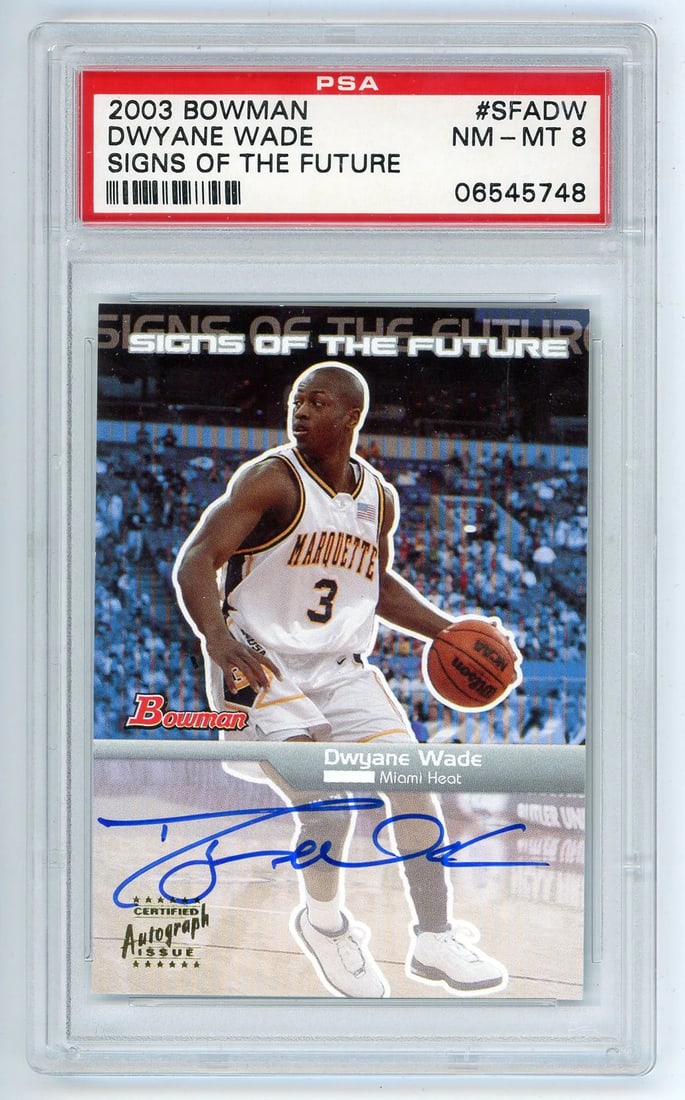 Strict rules use only words from signs autograph: Strict rules use only words from signs autograph Topps Dwyane Wade 2003 Bowman Signs of the Future Autograph #SFADW PSA 8 - A rare and highly sought-after autographed baseball card from the 2003