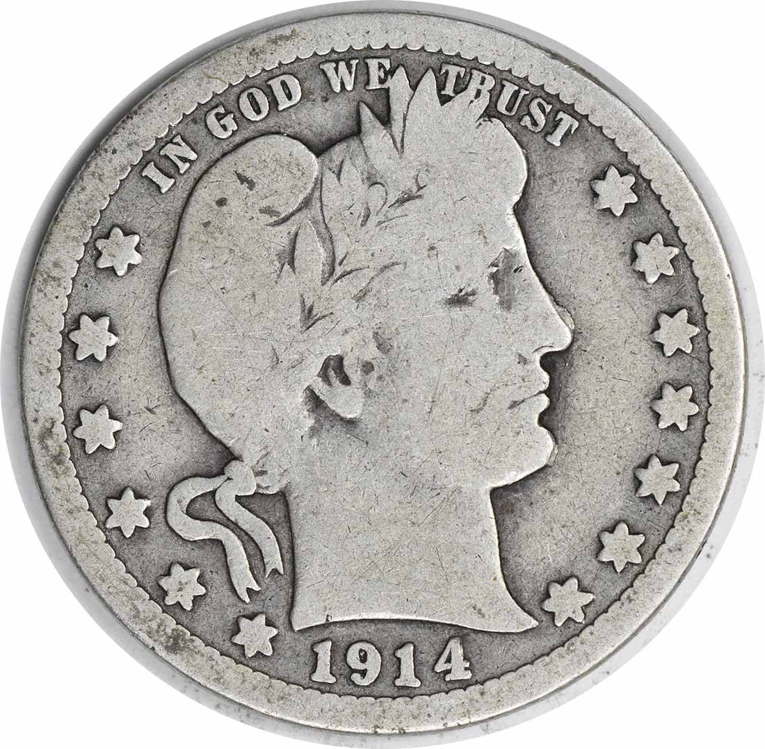 Uncertified silver quarter from barber mint 1914: Uncertified silver quarter from barber mint 1914 This 1914 San Francisco quarter features a reeded edge and is made of 90% silver and 10% copper. With over 264,000 minted, it's one of the more common 
