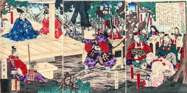 Woodblock Print Toyonobu Ataka Kanjincho 1882 Utagawa Japanese Barrier: Woodblock Print Toyonobu Ataka Kanjincho 1882 Utagawa Japanese Barrier Washi paper print from 1882 Utagawa Toyonobu's Kanjincho series showcases a captivating Kabuki scene at Ataka Barrier. The artwor