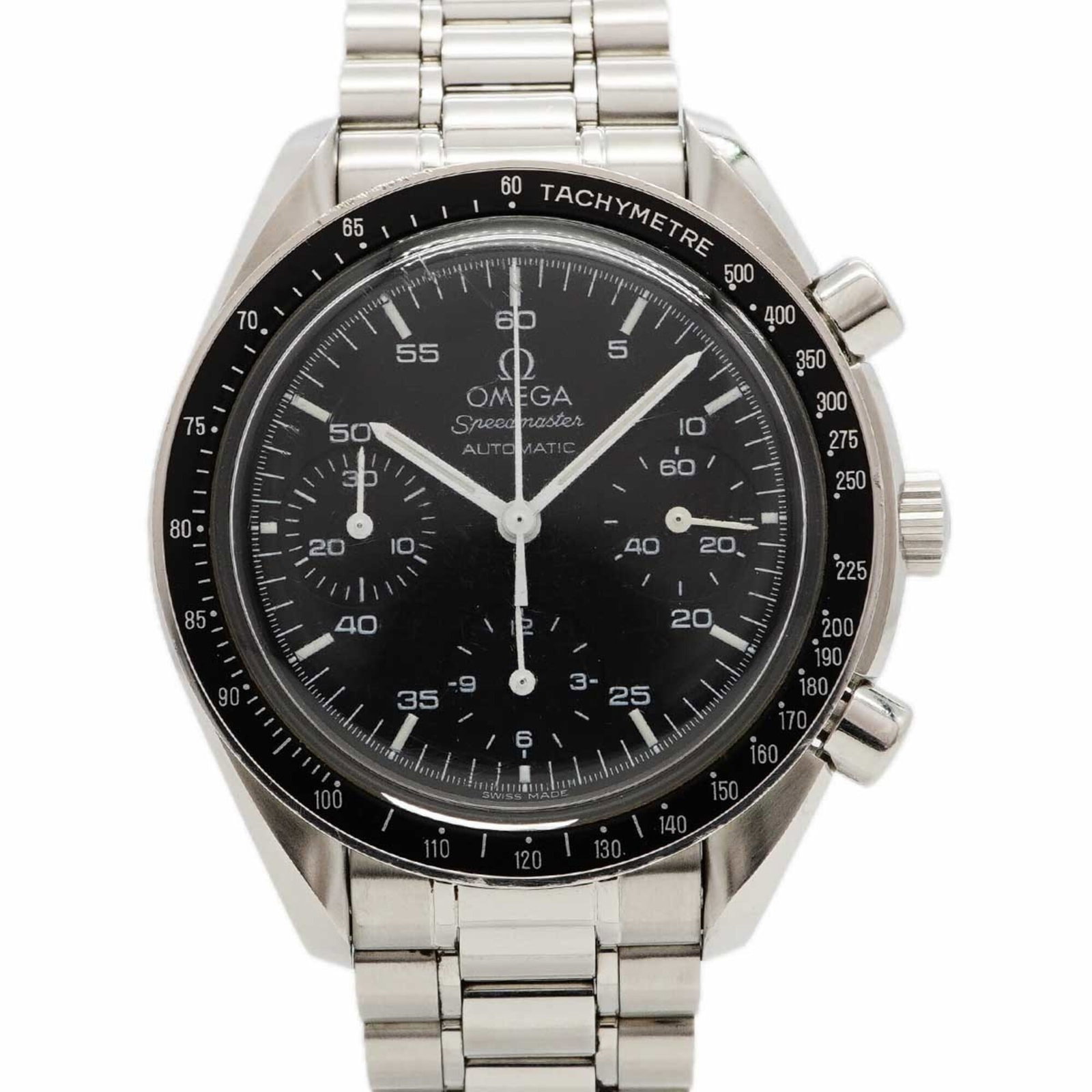 Wristwatch Omega: Wristwatch Omega Stainless steel band and black dial make this Omega wristwatch a sleek accessory for everyday wear. With its 38.9mm case diameter and adjustable size, it's designed to fit comfortably