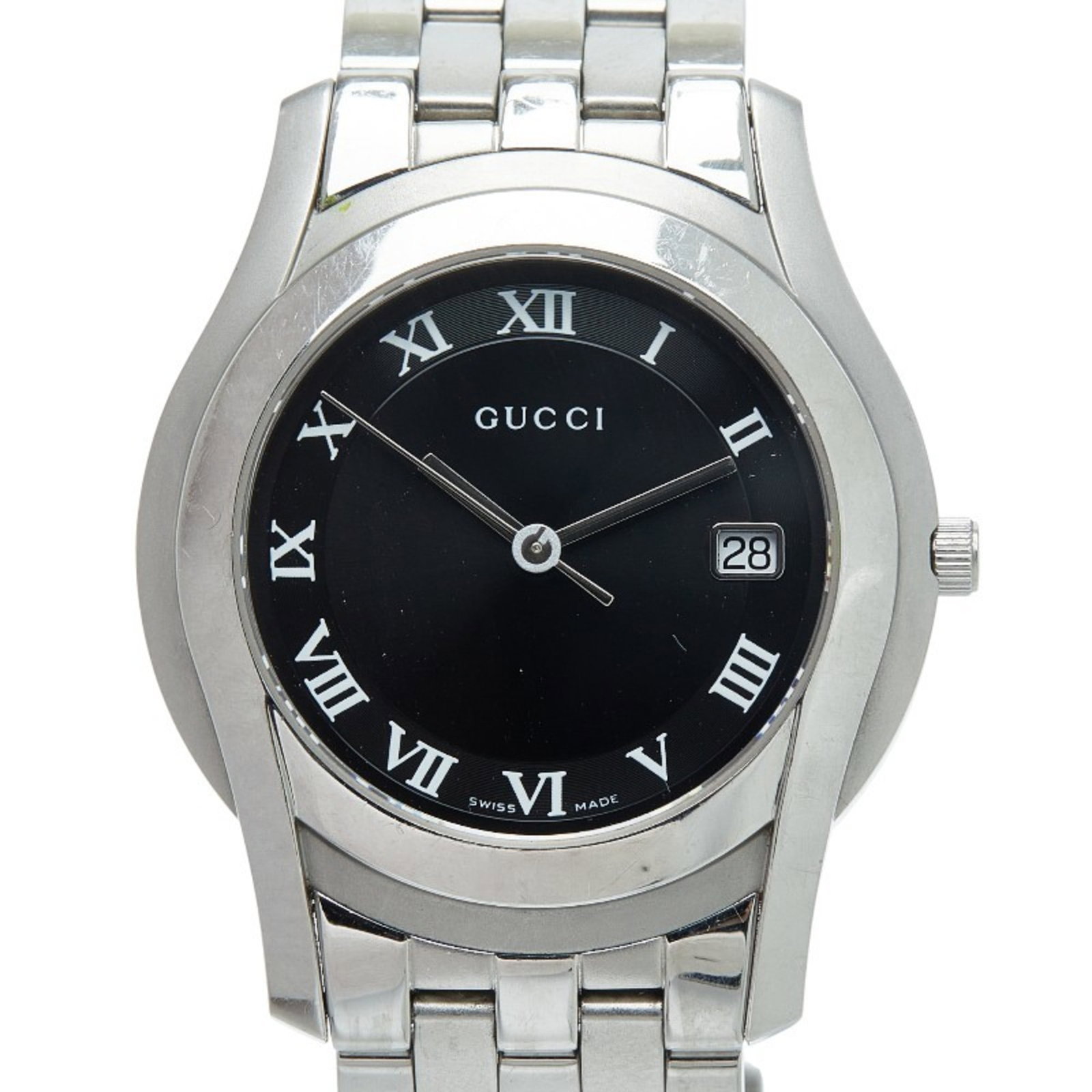Strict Rules Apply: Strict Rules Apply Stainless steel case and band provide a sleek silhouette for this Gucci analog watch. The black dial stands out against the metal, giving off a sophisticated look. Traces of usage