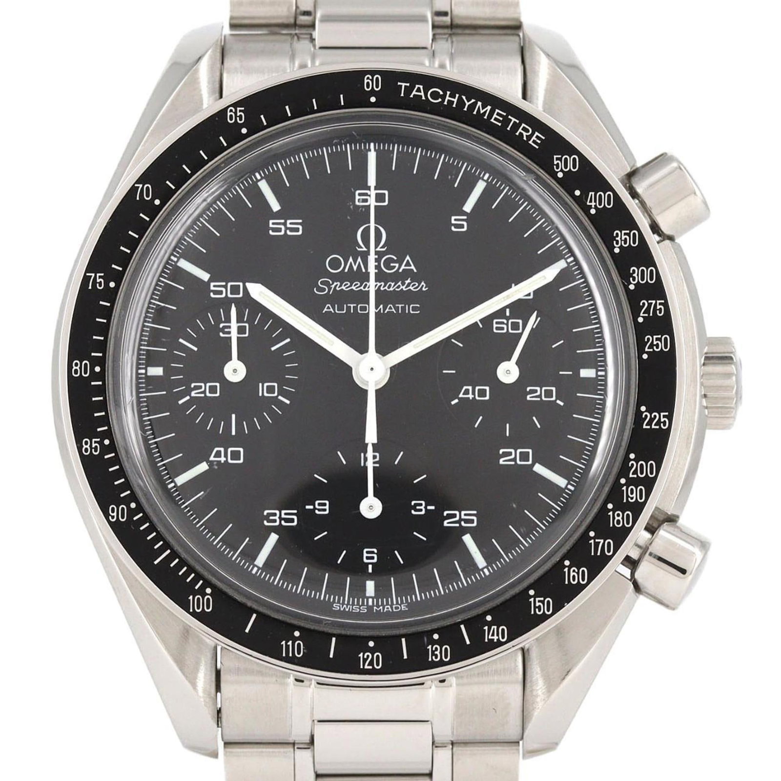 Wristwatch Omega: Wristwatch Omega Stainless steel case and band provide a durable foundation for this Omega wristwatch, featuring a black dial. The watch measures 39mm in diameter and has a comfortable fit for wrists 