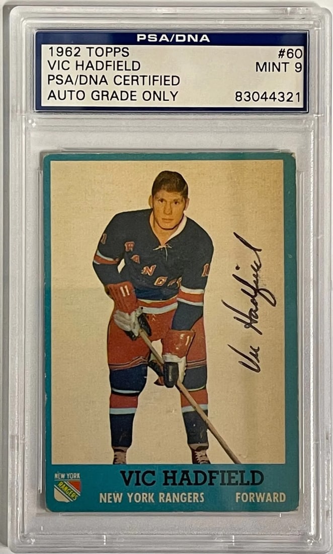 Autographed Topps Card #60 by Vic Hadfield: Autographed Topps Card #60 by Vic Hadfield Authentic 1962-63 Topps Card featuring Vic Hadfield's autograph, certified by Professional Sports Authenticator (PSA). This rare card showcases Hadfield's