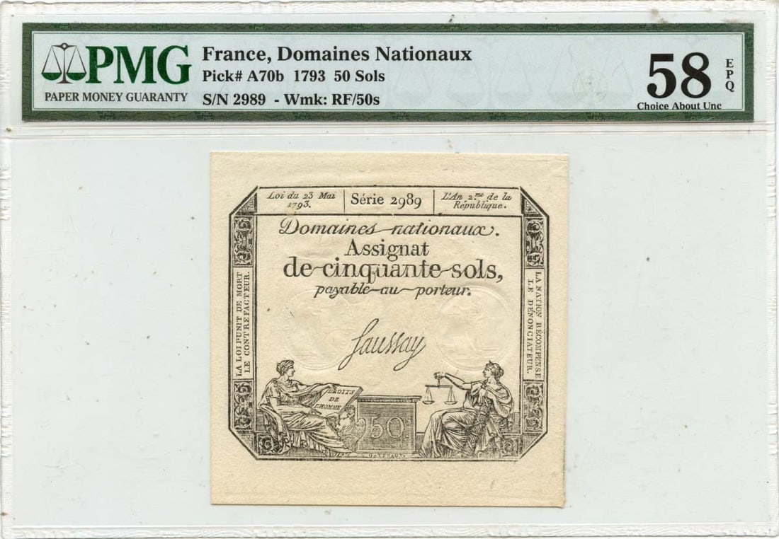 Fifty Sols France Domaines National Pick A70b: Fifty Sols France Domaines National Pick A70b Fifty Sols France Domaines National Pick A70b is a circulated example graded AU58 by PMG. This piece features a notable signature and is a part of the Fif