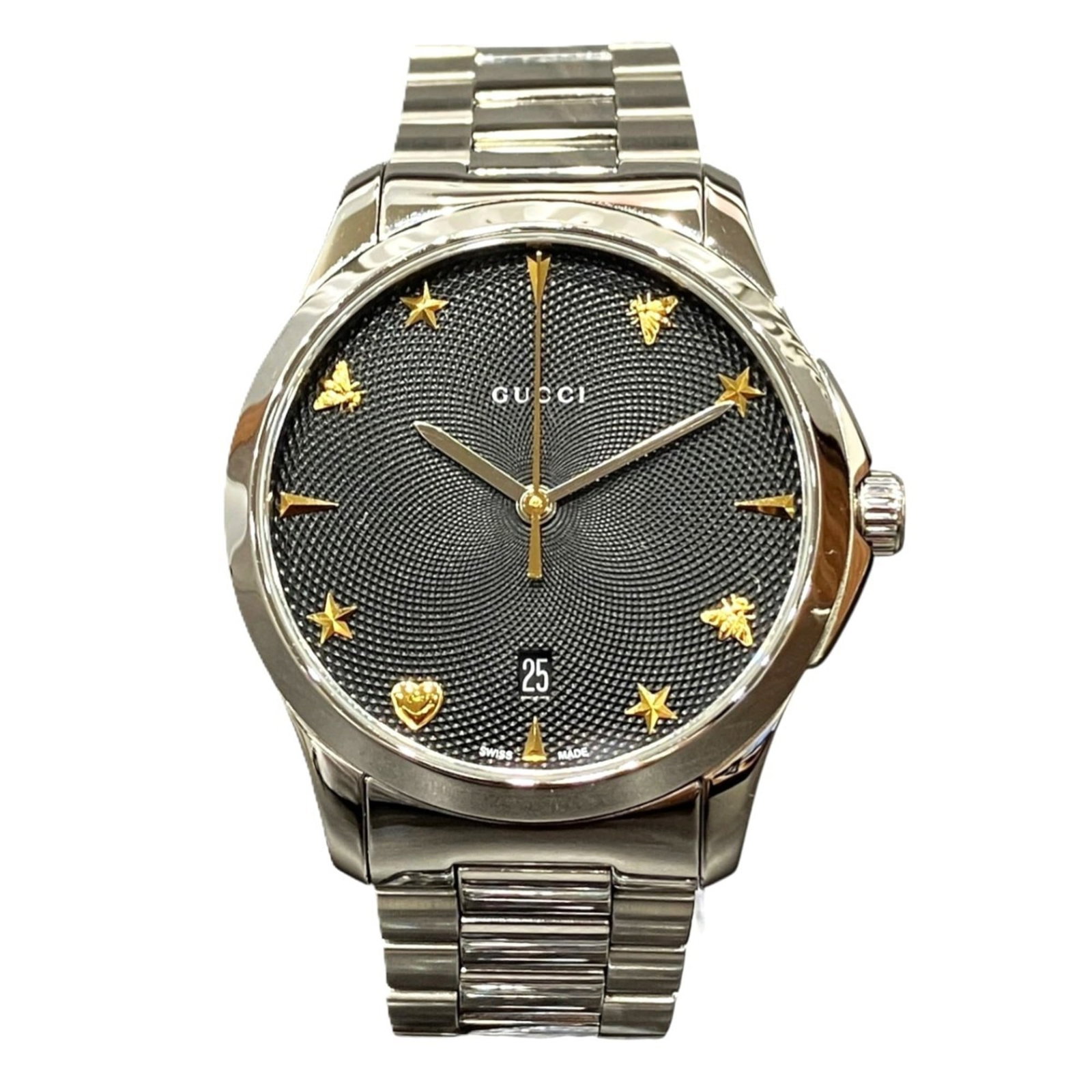 Strict Rules Apply: Strict Rules Apply Strictly speaking, this Gucci wristwatch boasts a sleek black dial and stainless steel case and band, measuring 38mm in diameter. With its durable stainless steel construction, this