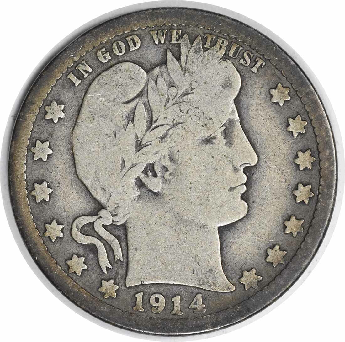 Uncertified silver quarter from barber mint 1914: Uncertified silver quarter from barber mint 1914 This 1914 San Francisco quarter features a reeded edge and is made of 90% silver and 10% copper. With over 264,000 minted, it's one of the more common