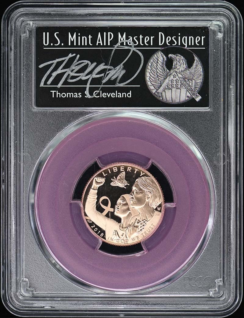 PCGS PR70DCAM Gold Breast Cancer Awareness Thomas Cleveland 2018-W: PCGS PR70DCAM Gold Breast Cancer Awareness Thomas Cleveland 2018-W PCGS PR70DCAM Gold Breast Cancer Awareness Thomas Cleveland 2018-W features a striking gold breast cancer awareness design,