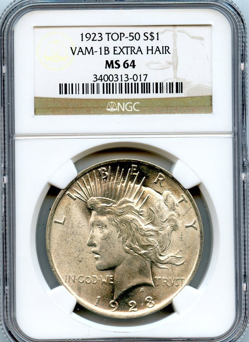 C5703-1923 Vam-1b Extra Hair Top 50 Peace Dollar NcG MS64 Only 3 Finer: C5703-1923 Vam-1b Extra Hair Top 50 Peace Dollar NcG MS64 Only 3 Finer The C5703-1923 Vam-1b Extra Hair Top 50 Peace Dollar features an MS64 grade, indicating a high level of detail and preservation.