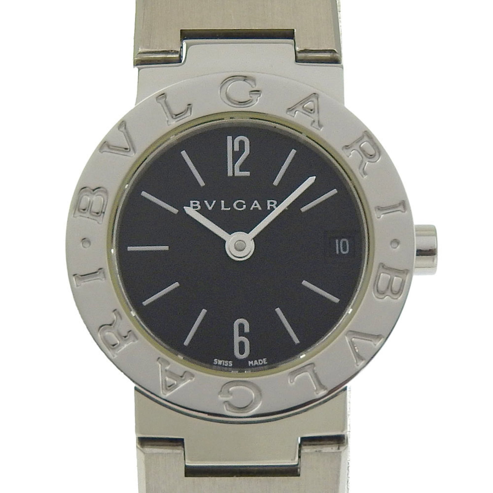 Bulgari Watch Wrist: Bulgari Watch Wrist Stainless steel case and band provide a sleek, modern look for this Bulgari watch wrist. The black dial stands out against the subtle sheen of the metal, adding to its understated