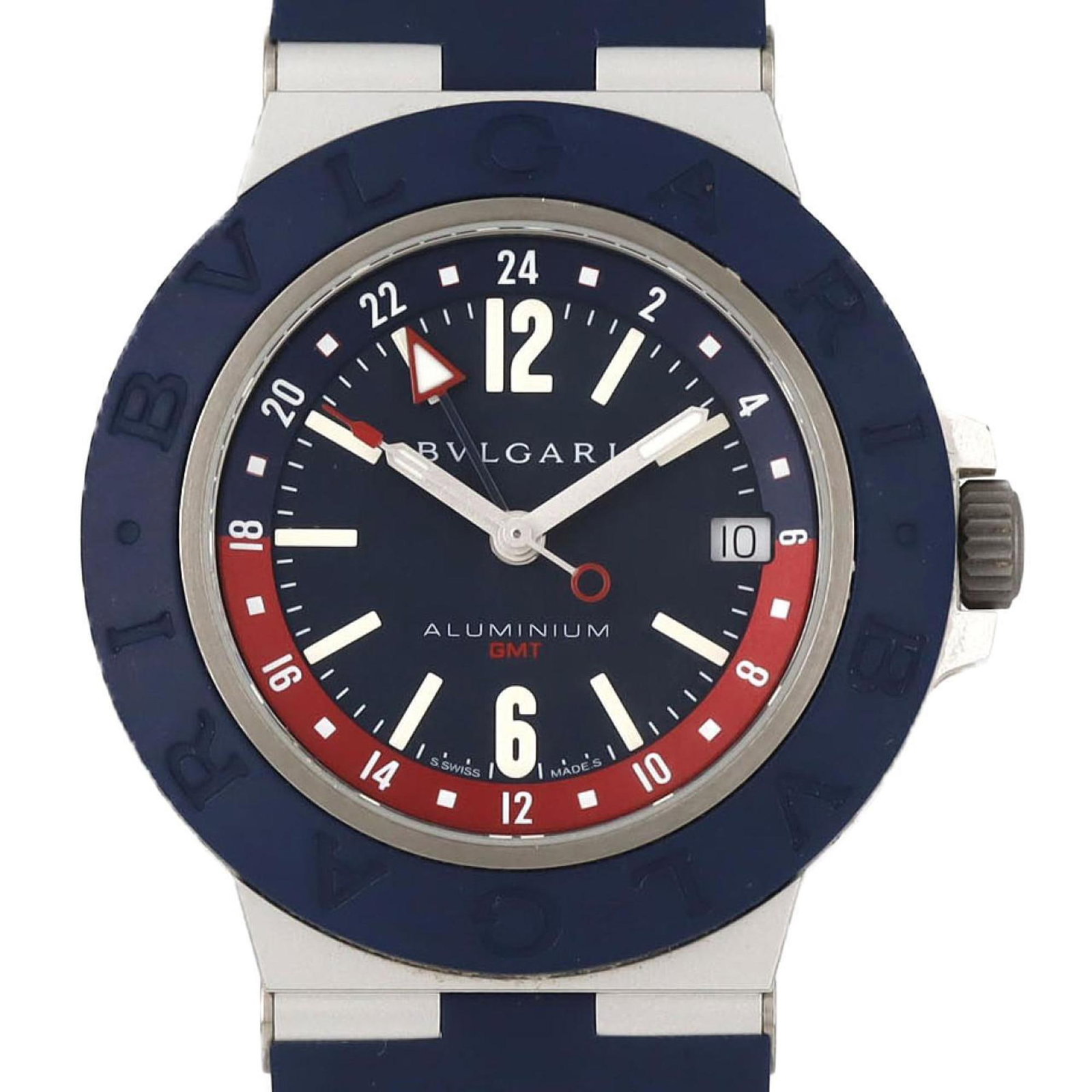 Bulgari Watch Wrist: Bulgari Watch Wrist Aluminum case with a blue dial, this Bulgari watch wrist boasts a sleek design. Made from durable rubber band and measuring 40mm in diameter, it's a stylish accessory for everyday