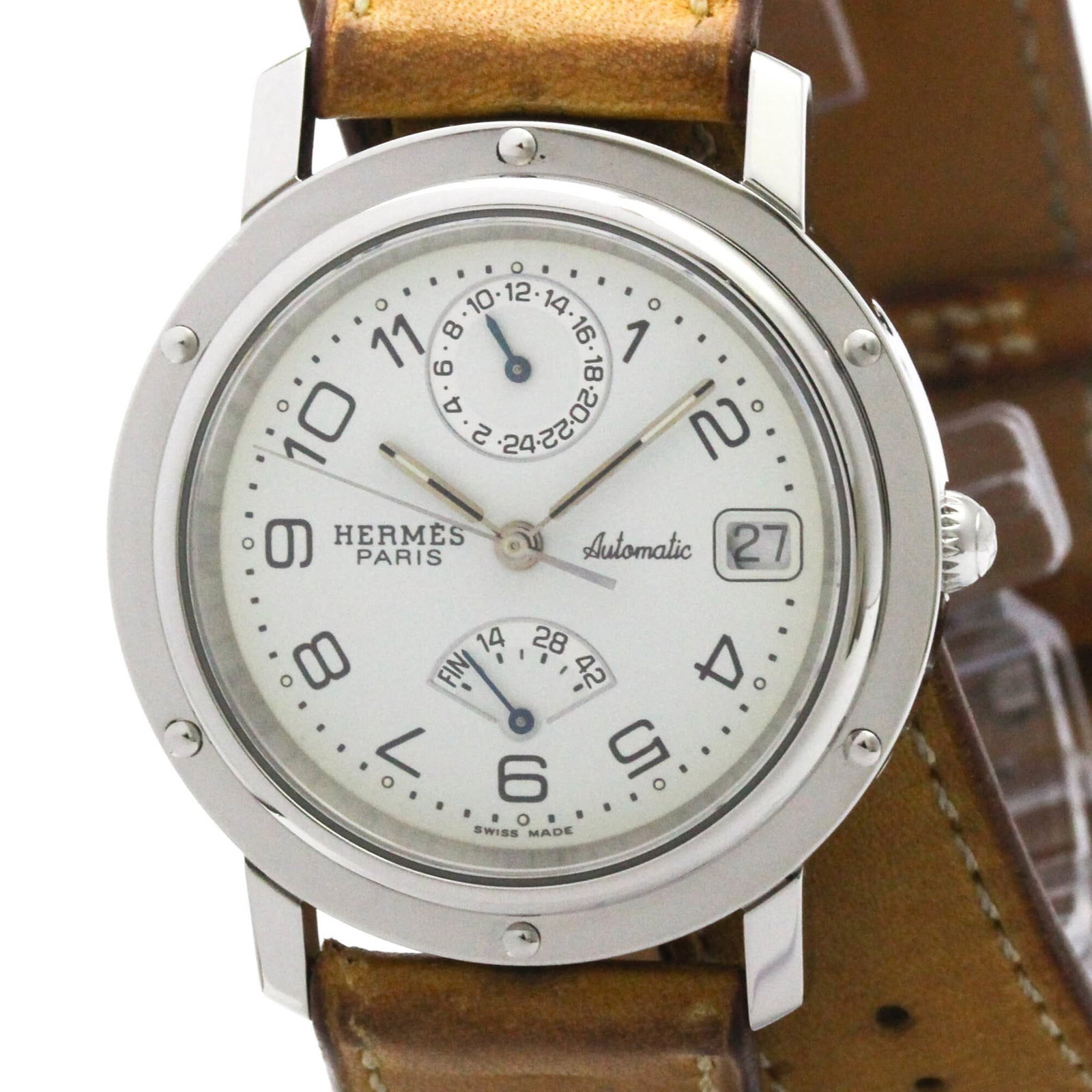 Watch Wrist Hermes: Watch Wrist Hermes Stainless steel case and leather band make this Hermes watch a stylish and versatile accessory. The white dial provides a crisp contrast to the sporty design, while the 36mm size