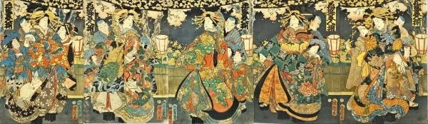 Woodblock Print Pentaptych Beautiful Women of Toyohara Kunichika from Edo Period: Woodblock Print Pentaptych Beautiful Women of Toyohara Kunichika from Edo Period Beautifully crafted in traditional Japanese style, this woodblock print features stunning depictions of women from the