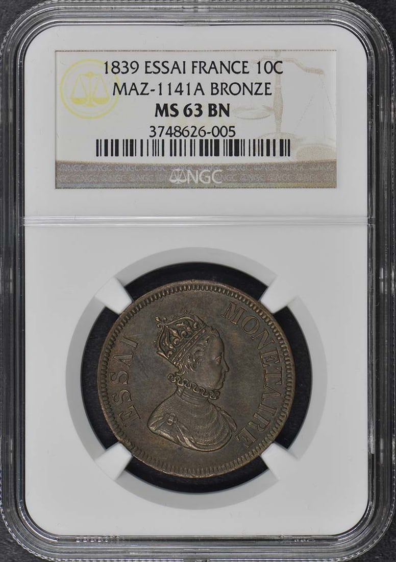 France 10C Bronze: France 10C Bronze The France 10C Bronze is an uncirculated coin from 1839, certified by the Numismatic Guaranty Corporation (NGC) with a grade of MS63. This coin features a bronze composition and