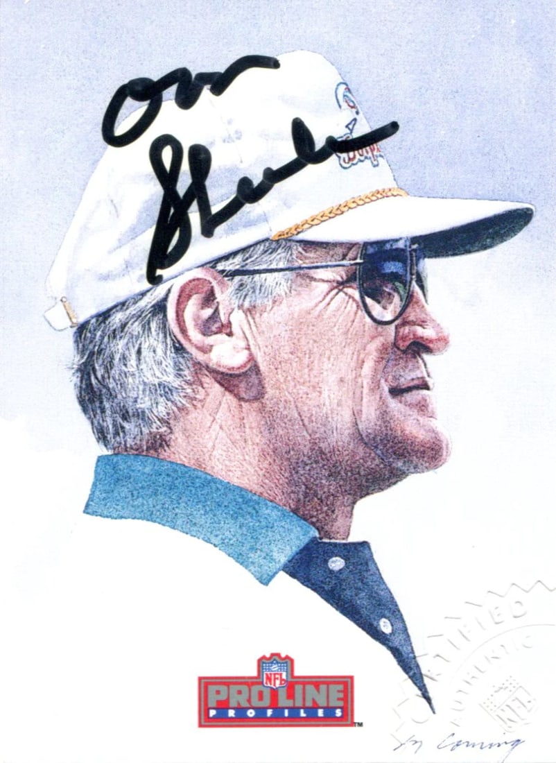 Autographed Pro Line Card by Don Shula: Autographed Pro Line Card by Don Shula Authentic Pro Line Card signed in black sharpie across the front of the card by Don Shula. This unique piece features a bold, permanent mark from the legendary