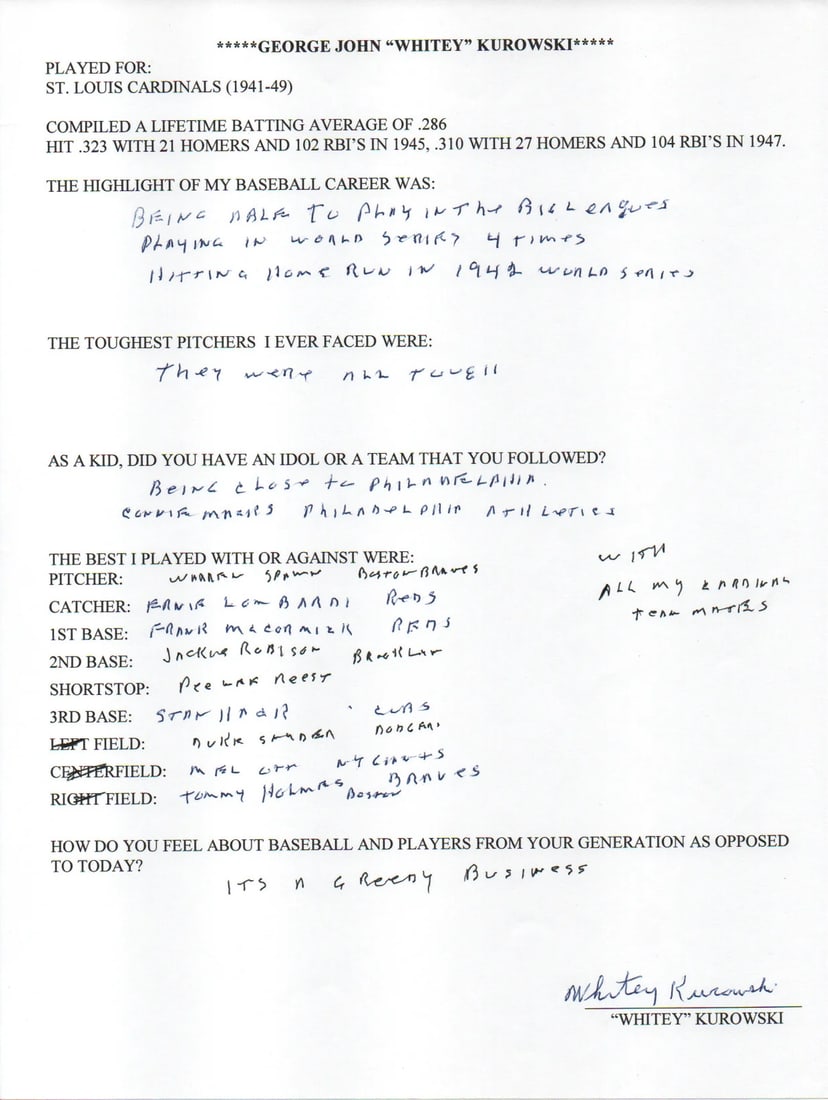 Hand filled out by Whitey Kurowski and autographed: Hand filled out by Whitey Kurowski and autographed Exceptional Hand Whitey Kurowski available for auction. Review complete item specifications below for detailed information. Item Specifics: Brand: