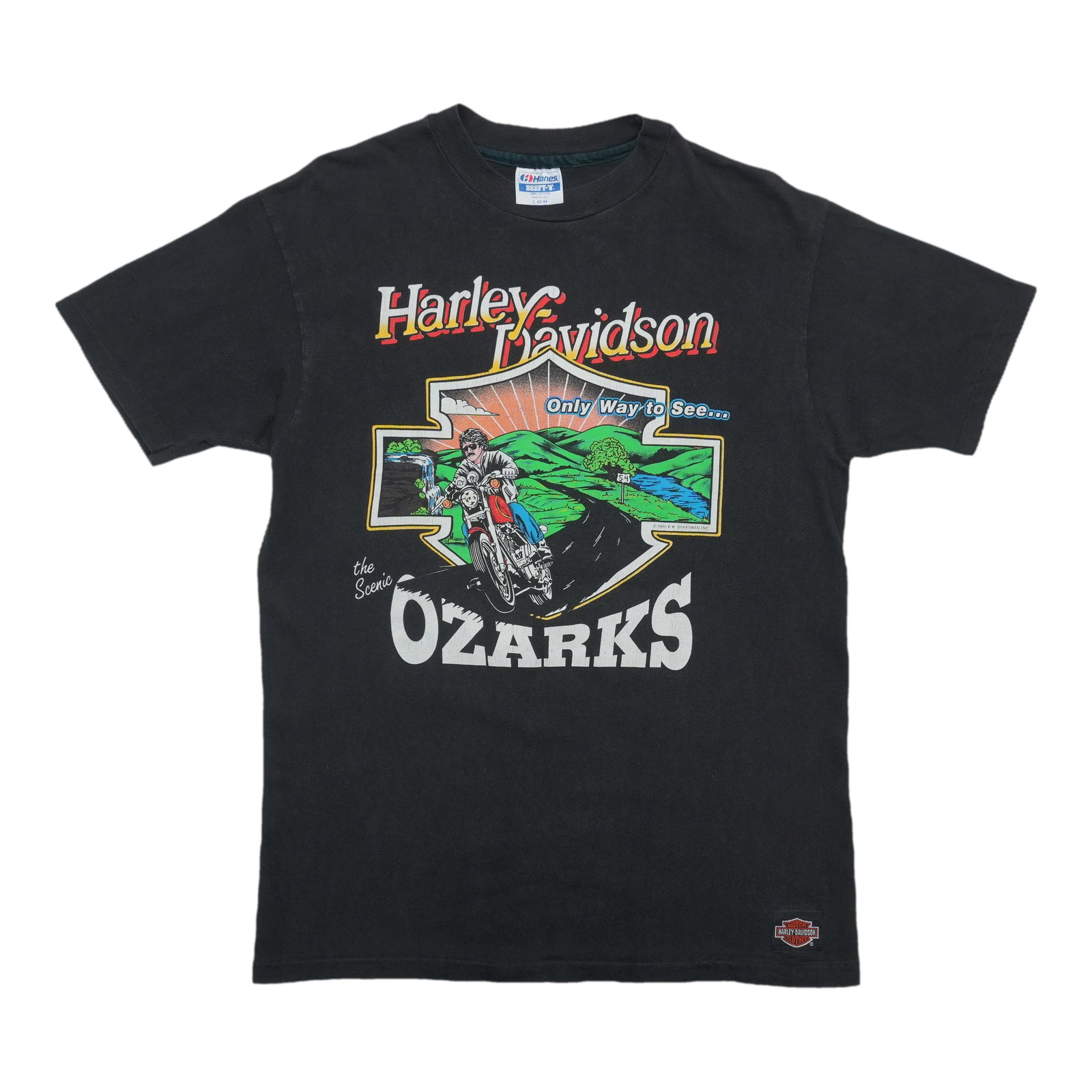 Harley Davidson Ozark Shirt: Harley Davidson Ozark Shirt The Ozark Shirt from Harley Davidson's 1990s collection boasts classic graphics on both front and back. With its original vintage design and excellent condition, this