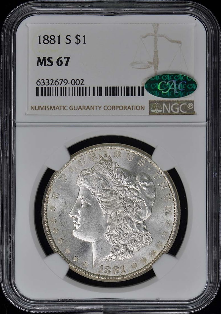 Morgan Dollar S 1881 CAC: Morgan Dollar S 1881 CAC The 1881 Morgan Dollar S graded MS67 by NGC is an uncirculated coin from the San Francisco mint. This highly detailed and well-preserved coin showcases its original mint