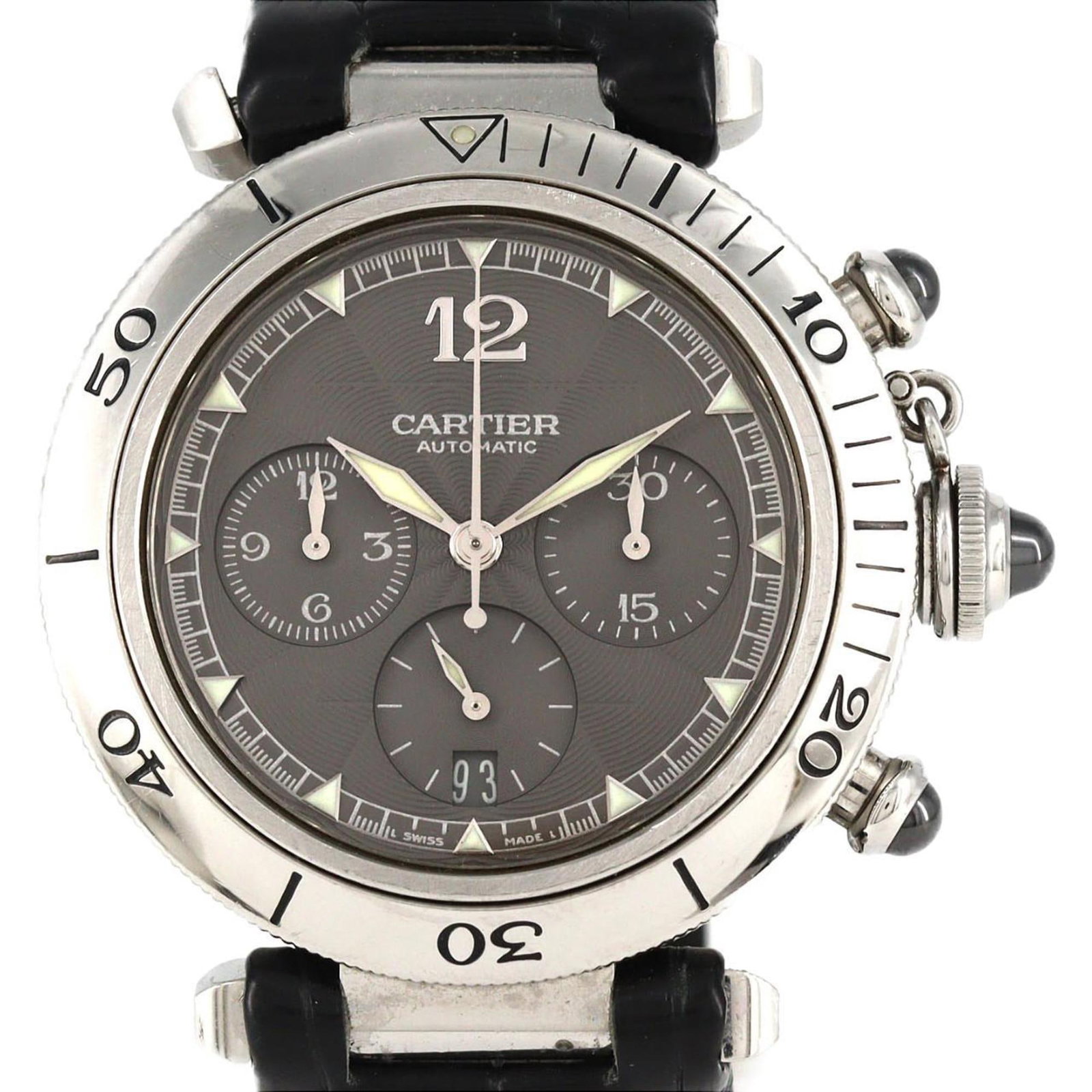 Watch Cartier: Watch Cartier Stainless steel case with a gray dial, this Cartier men's wristwatch boasts a classic design. The watch measures 38mm in diameter and shows signs of usage, including scratches and dirt. 