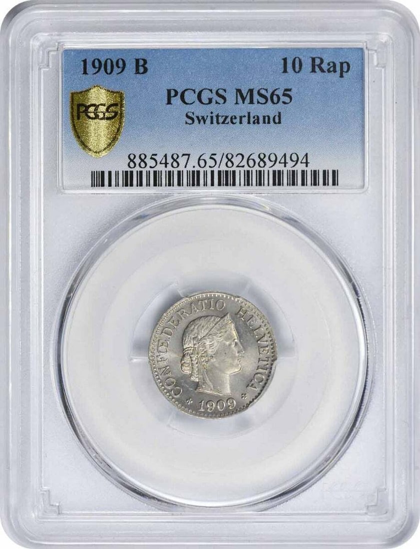 Switzerland 10 Rappen MS65 PCGS: Switzerland 10 Rappen MS65 PCGS The 1909 Switzerland 10 Rappen MS65 PCGS features a high-grade uncirculated condition and is certified by the Professional Coin Grading Service. This coin boasts a