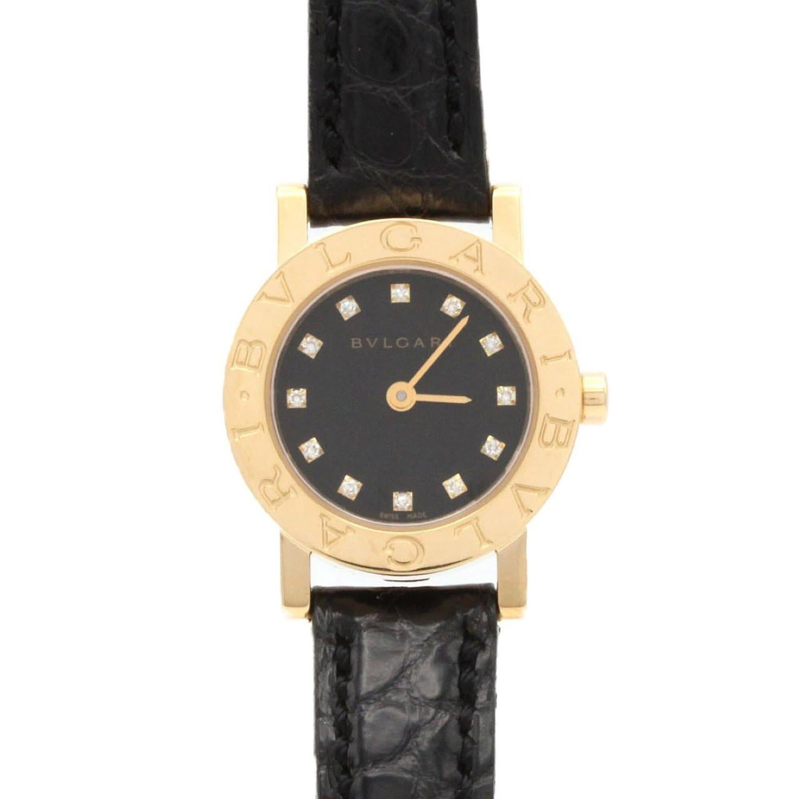 Bulgari Watch Wrist: Bulgari Watch Wrist Yellow gold Bulgari watch wrist with a black dial and 23mm case diameter. The wrist features traces of usage, scratches, and dirt, but remains in good condition overall. Used